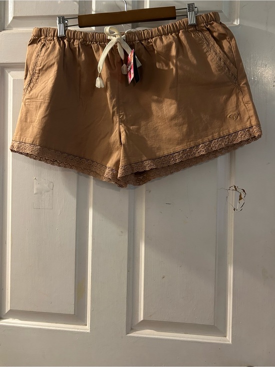 Roxy Pants - Roxy Tan Lace-Trim Drawstring Athletic Shorts